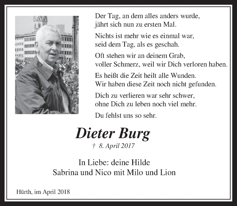  Traueranzeige für Dieter Burg vom 04.04.2018 aus  Wochenende 