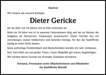 Anzeige von Dieter Gericke von Kölner Stadt-Anzeiger / Kölnische Rundschau / Express