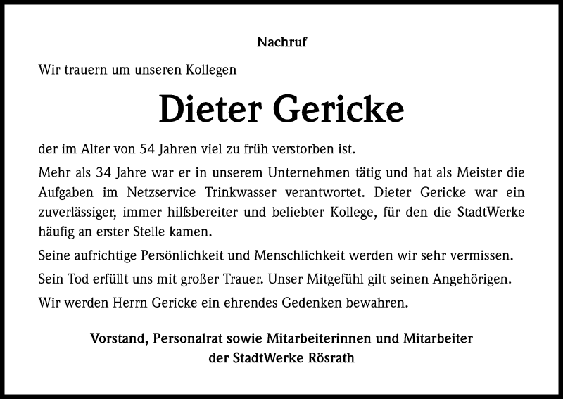 Traueranzeige für Dieter Gericke vom 14.04.2018 aus Kölner Stadt-Anzeiger / Kölnische Rundschau / Express