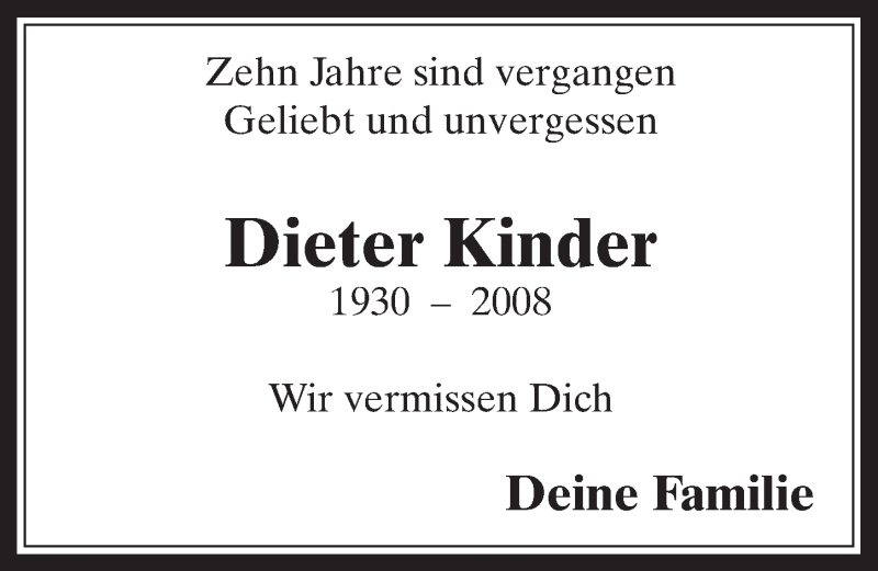  Traueranzeige für Dieter Kinder vom 11.04.2018 aus  Wochenende 