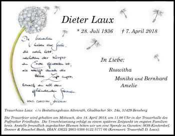 Anzeige von Dieter Laux von Kölner Stadt-Anzeiger / Kölnische Rundschau / Express