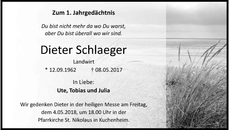  Traueranzeige für Dieter Schlaeger vom 21.04.2018 aus Kölner Stadt-Anzeiger / Kölnische Rundschau / Express
