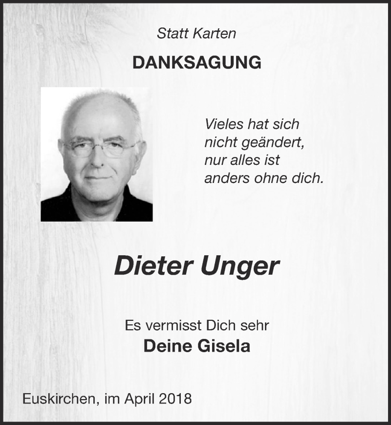  Traueranzeige für Dieter Unger vom 21.04.2018 aus  Blickpunkt Euskirchen 