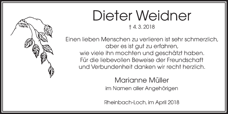  Traueranzeige für Dieter Weidner vom 25.04.2018 aus  Schaufenster/Blickpunkt 