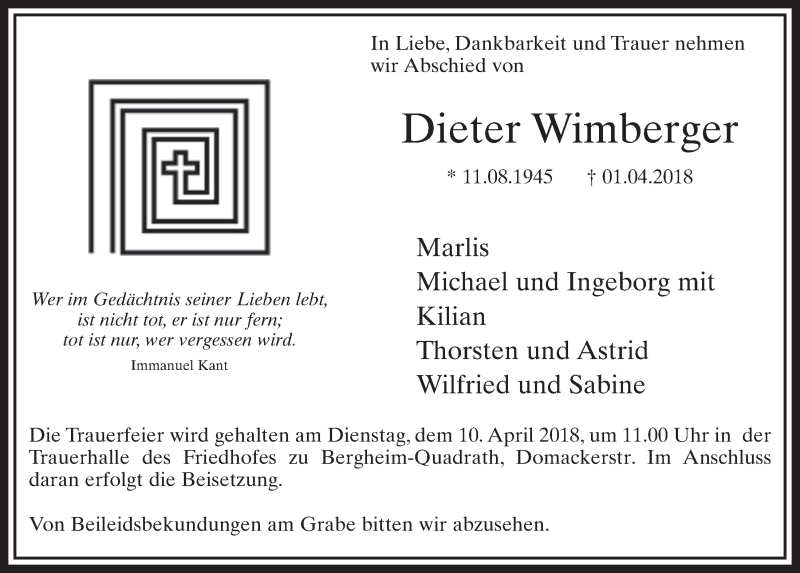  Traueranzeige für Dieter Wimberger vom 07.04.2018 aus  Sonntags-Post 