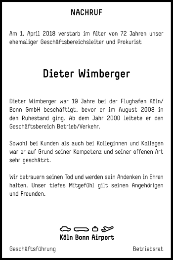 Anzeige von Dieter Wimberger von Kölner Stadt-Anzeiger / Kölnische Rundschau / Express