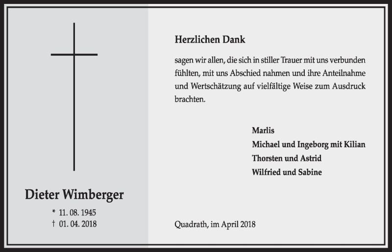  Traueranzeige für Dieter Wimberger vom 28.04.2018 aus  Sonntags-Post 