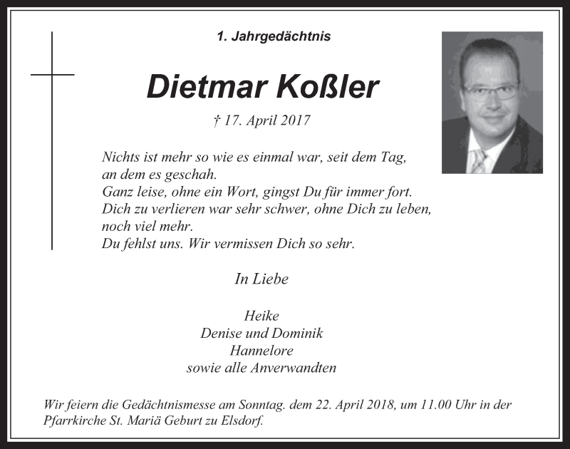 Traueranzeige für Dietmar Koßler vom 18.04.2018 aus  Werbepost 