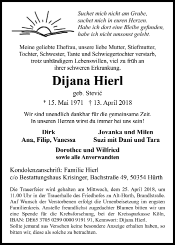 Anzeige von Dijana Hierl von Kölner Stadt-Anzeiger / Kölnische Rundschau / Express