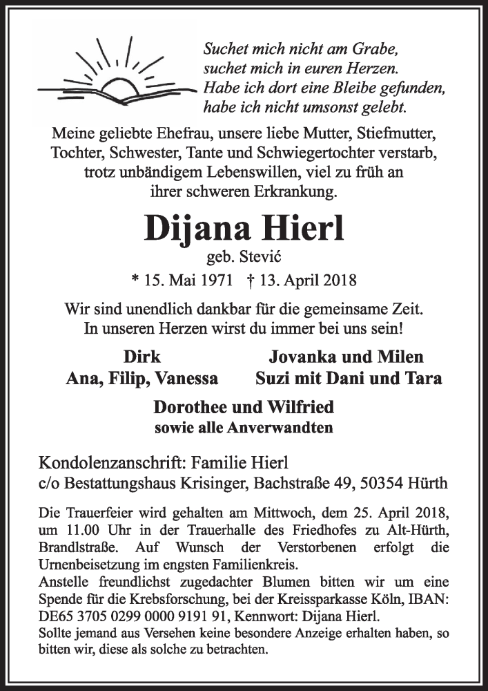  Traueranzeige für Dijana Hierl vom 21.04.2018 aus  Sonntags-Post 