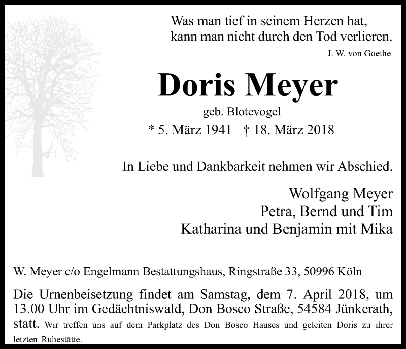  Traueranzeige für Doris Meyer vom 04.04.2018 aus Kölner Stadt-Anzeiger / Kölnische Rundschau / Express