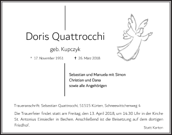 Anzeige von Doris Quattrocchi von  Bergisches Handelsblatt 