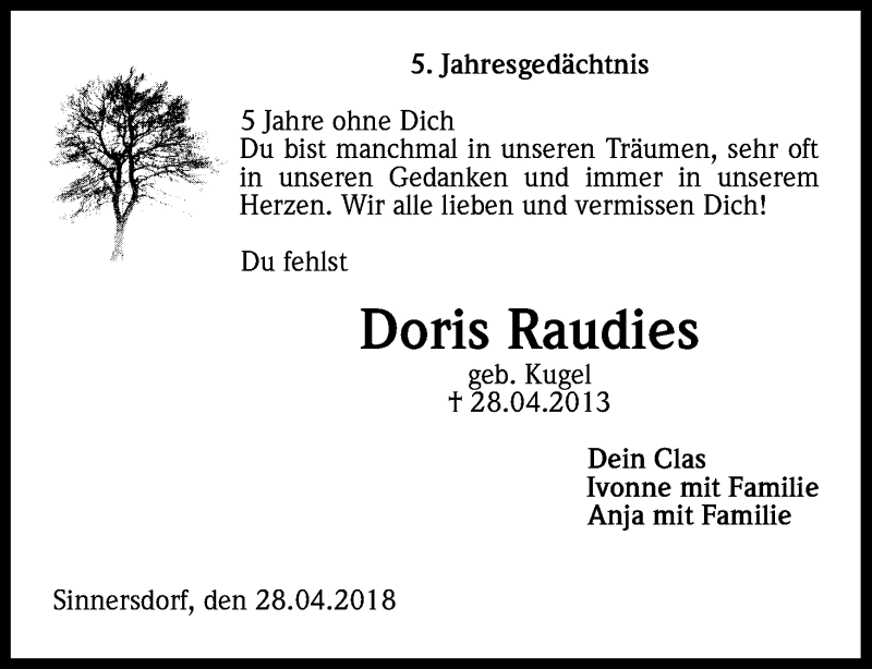  Traueranzeige für Doris Raudies vom 28.04.2018 aus Kölner Stadt-Anzeiger / Kölnische Rundschau / Express