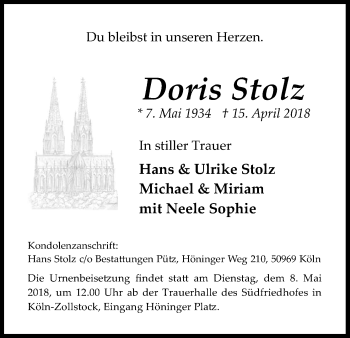 Anzeige von Doris Stolz von Kölner Stadt-Anzeiger / Kölnische Rundschau / Express