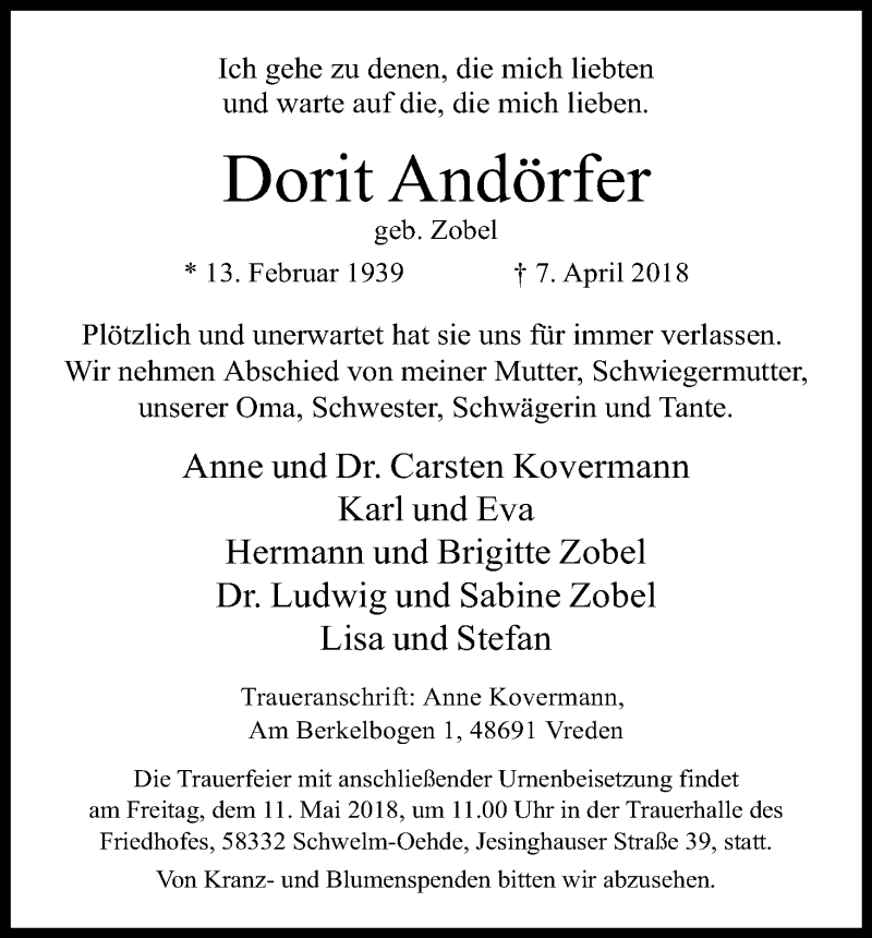  Traueranzeige für Dorit Andörfer vom 21.04.2018 aus Kölner Stadt-Anzeiger / Kölnische Rundschau / Express