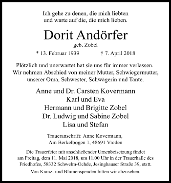 Anzeige von Dorit Andörfer von Kölner Stadt-Anzeiger / Kölnische Rundschau / Express