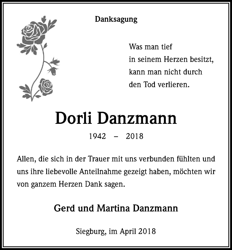 Traueranzeige für Dorli Danzmann vom 07.04.2018 aus Kölner Stadt-Anzeiger / Kölnische Rundschau / Express
