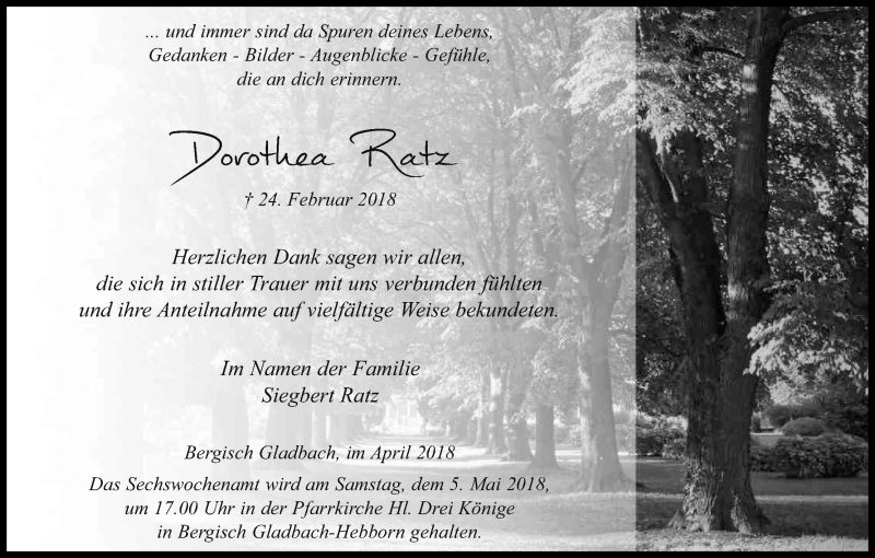  Traueranzeige für Dorothea Ratz vom 21.04.2018 aus Kölner Stadt-Anzeiger / Kölnische Rundschau / Express
