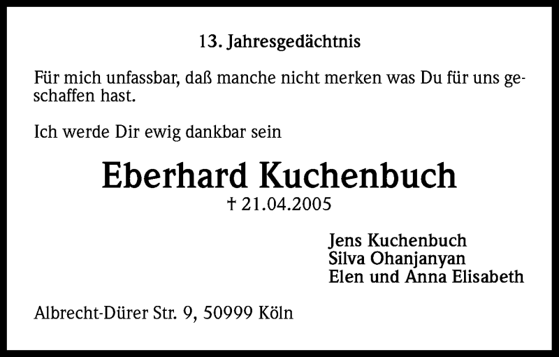  Traueranzeige für Eberhard Kuchenbuch vom 21.04.2018 aus Kölner Stadt-Anzeiger / Kölnische Rundschau / Express