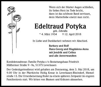 Anzeige von Edeltraud Potyka von Kölner Stadt-Anzeiger / Kölnische Rundschau / Express