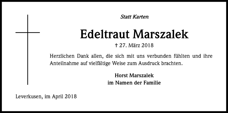  Traueranzeige für Edeltraut Marszalek vom 18.04.2018 aus Kölner Stadt-Anzeiger / Kölnische Rundschau / Express