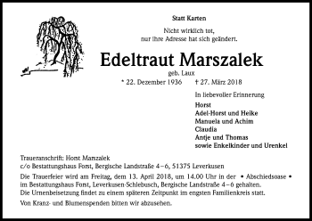 Anzeige von Edeltraut Marszalek von Kölner Stadt-Anzeiger / Kölnische Rundschau / Express