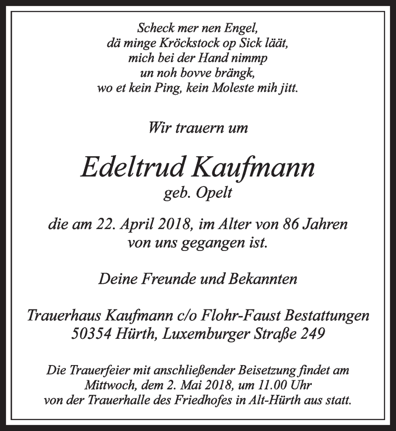  Traueranzeige für Edeltrud Kaufmann vom 28.04.2018 aus  Sonntags-Post 