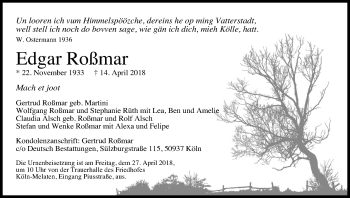 Anzeige von Edgar Roßmar von Kölner Stadt-Anzeiger / Kölnische Rundschau / Express