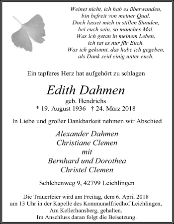 Anzeige von Edith Dahmen von Kölner Stadt-Anzeiger / Kölnische Rundschau / Express