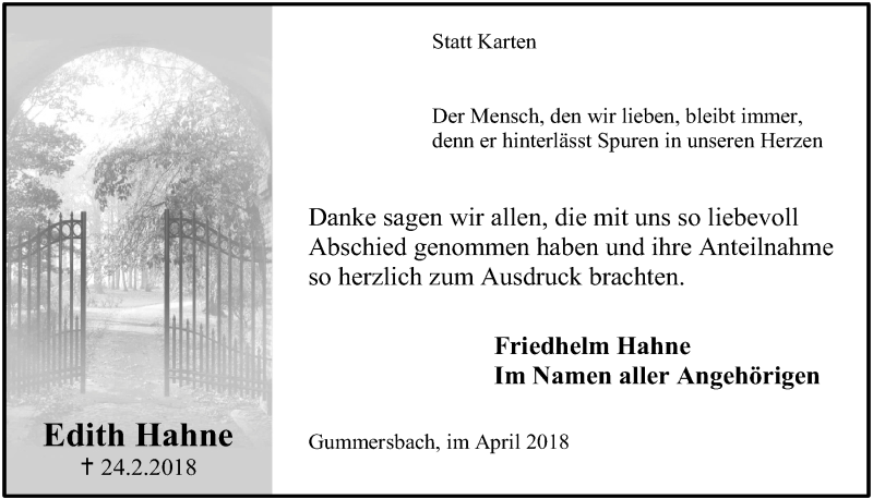  Traueranzeige für Edith Hahne vom 11.04.2018 aus  Anzeigen Echo 