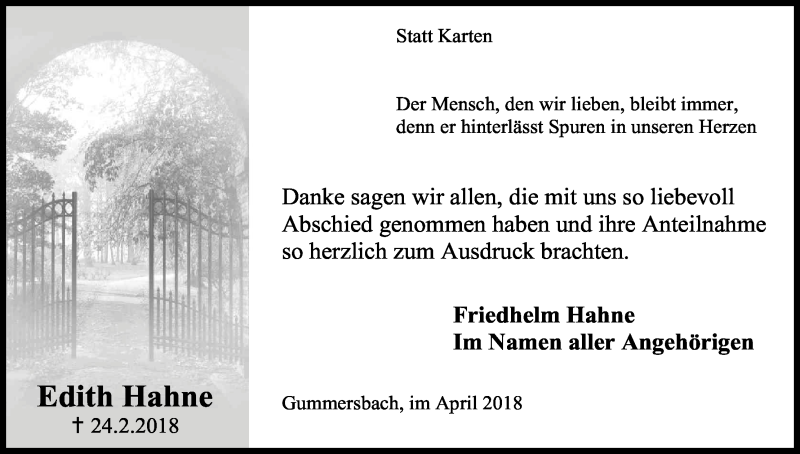 Traueranzeige für Edith Hahne vom 07.04.2018 aus Kölner Stadt-Anzeiger / Kölnische Rundschau / Express