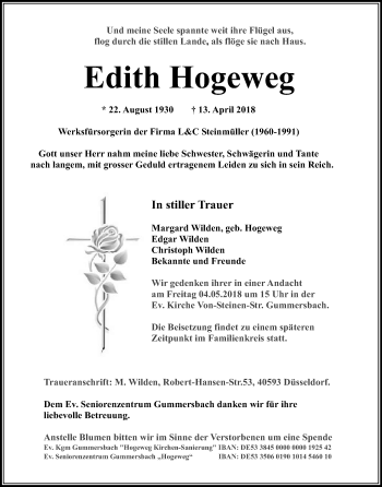 Anzeige von Edith Hogeweg von Kölner Stadt-Anzeiger / Kölnische Rundschau / Express