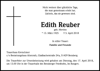 Anzeige von Edith Reuber von Kölner Stadt-Anzeiger / Kölnische Rundschau / Express