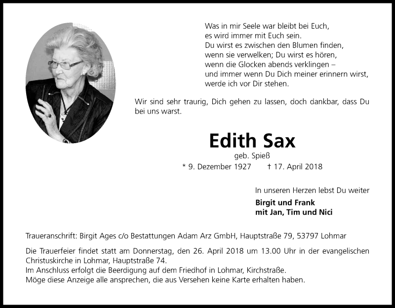  Traueranzeige für Edith Sax vom 21.04.2018 aus Kölner Stadt-Anzeiger / Kölnische Rundschau / Express