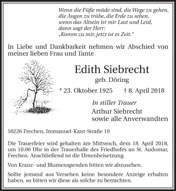 Anzeige von Edith Siebrecht von  Sonntags-Post 