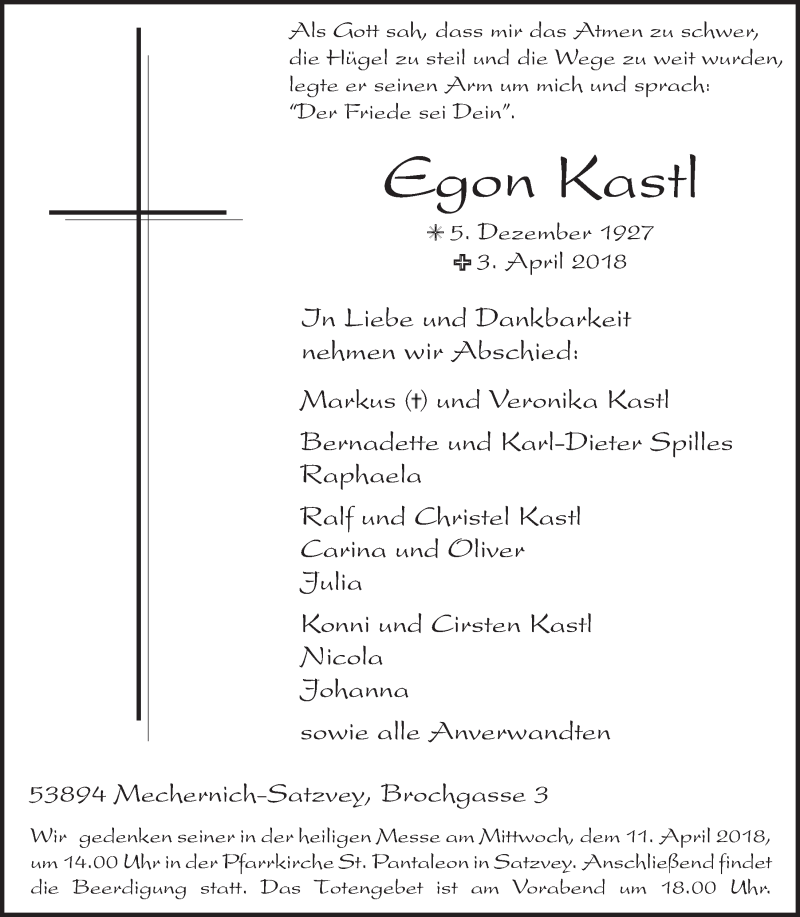  Traueranzeige für Egon Kastl vom 07.04.2018 aus  Blickpunkt Euskirchen 