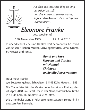 Anzeige von Eleonore Franke von  Kölner Wochenspiegel 