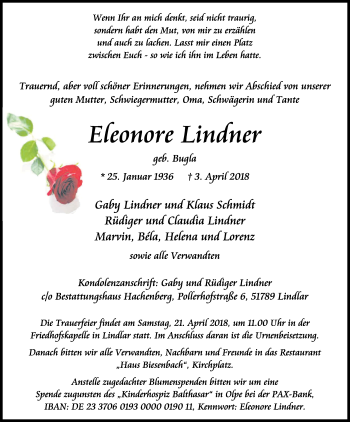 Anzeige von Eleonore Lindner von Kölner Stadt-Anzeiger / Kölnische Rundschau / Express