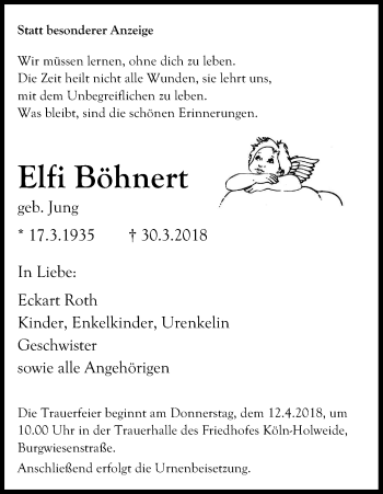Anzeige von Elfi Böhnert von Kölner Stadt-Anzeiger / Kölnische Rundschau / Express