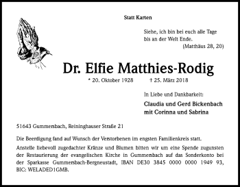 Anzeige von Elfie Matthies-Rodig von Kölner Stadt-Anzeiger / Kölnische Rundschau / Express
