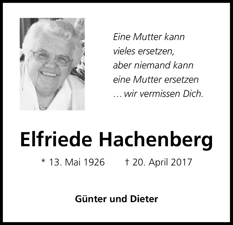  Traueranzeige für Elfriede Hachenberg vom 20.04.2018 aus Kölner Stadt-Anzeiger / Kölnische Rundschau / Express