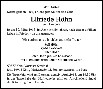 Anzeige von Elfriede Höhn von Kölner Stadt-Anzeiger / Kölnische Rundschau / Express