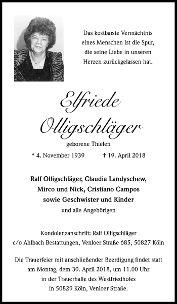Anzeige von Elfriede Olligschläger von Kölner Stadt-Anzeiger / Kölnische Rundschau / Express