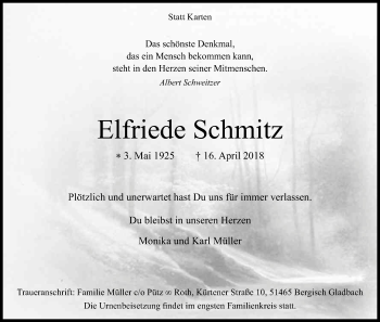 Anzeige von Elfriede Schmitz von Kölner Stadt-Anzeiger / Kölnische Rundschau / Express
