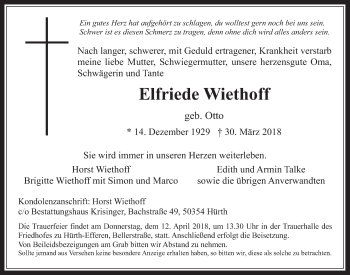 Anzeige von Elfriede Wiethoff von  Wochenende 