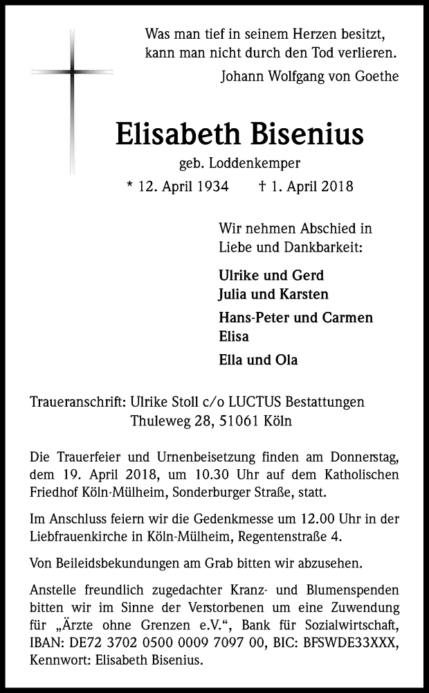  Traueranzeige für Elisabeth Bisenius vom 14.04.2018 aus Kölner Stadt-Anzeiger / Kölnische Rundschau / Express