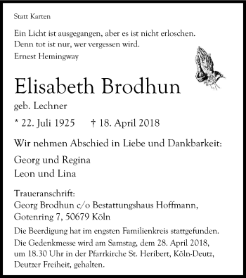 Anzeige von Elisabeth Brodhun von Kölner Stadt-Anzeiger / Kölnische Rundschau / Express