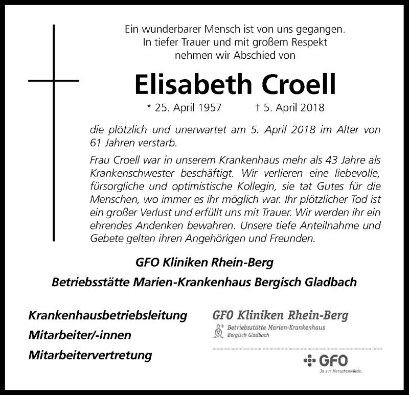  Traueranzeige für Elisabeth Croell vom 16.04.2018 aus Kölner Stadt-Anzeiger / Kölnische Rundschau / Express