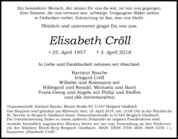 Anzeige von Elisabeth Cröll von Kölner Stadt-Anzeiger / Kölnische Rundschau / Express