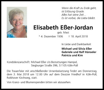 Anzeige von Elisabeth Eßer-Jordan von Kölner Stadt-Anzeiger / Kölnische Rundschau / Express